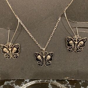 Sterling-Style Butterfly Skull Necklace & Earring Set in Silver